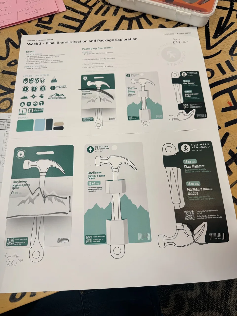 Photographed development sheet showing six early Northern Standard packaging directions, brand marks, and palette swatches